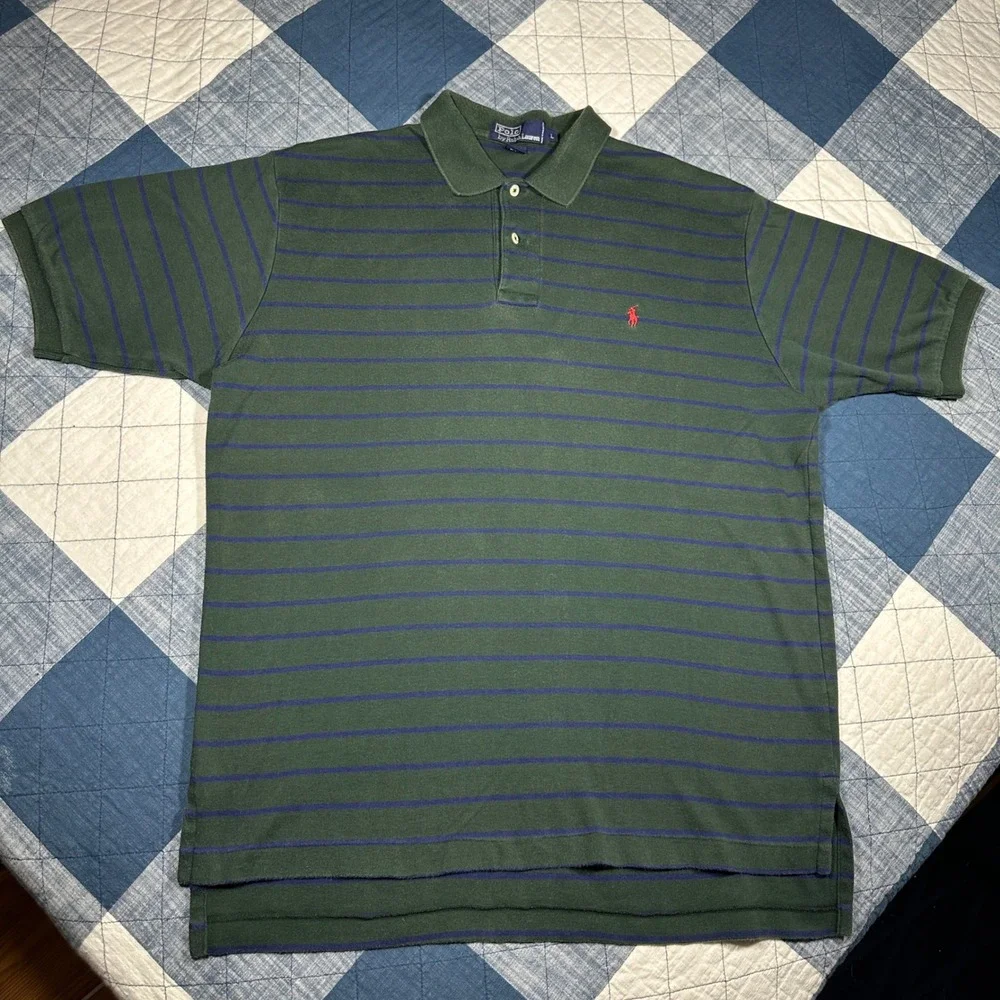 VTG Polo Ralph Lauren Mens Large Green Blue Pin Striped Short Sleeve Golf Shirt